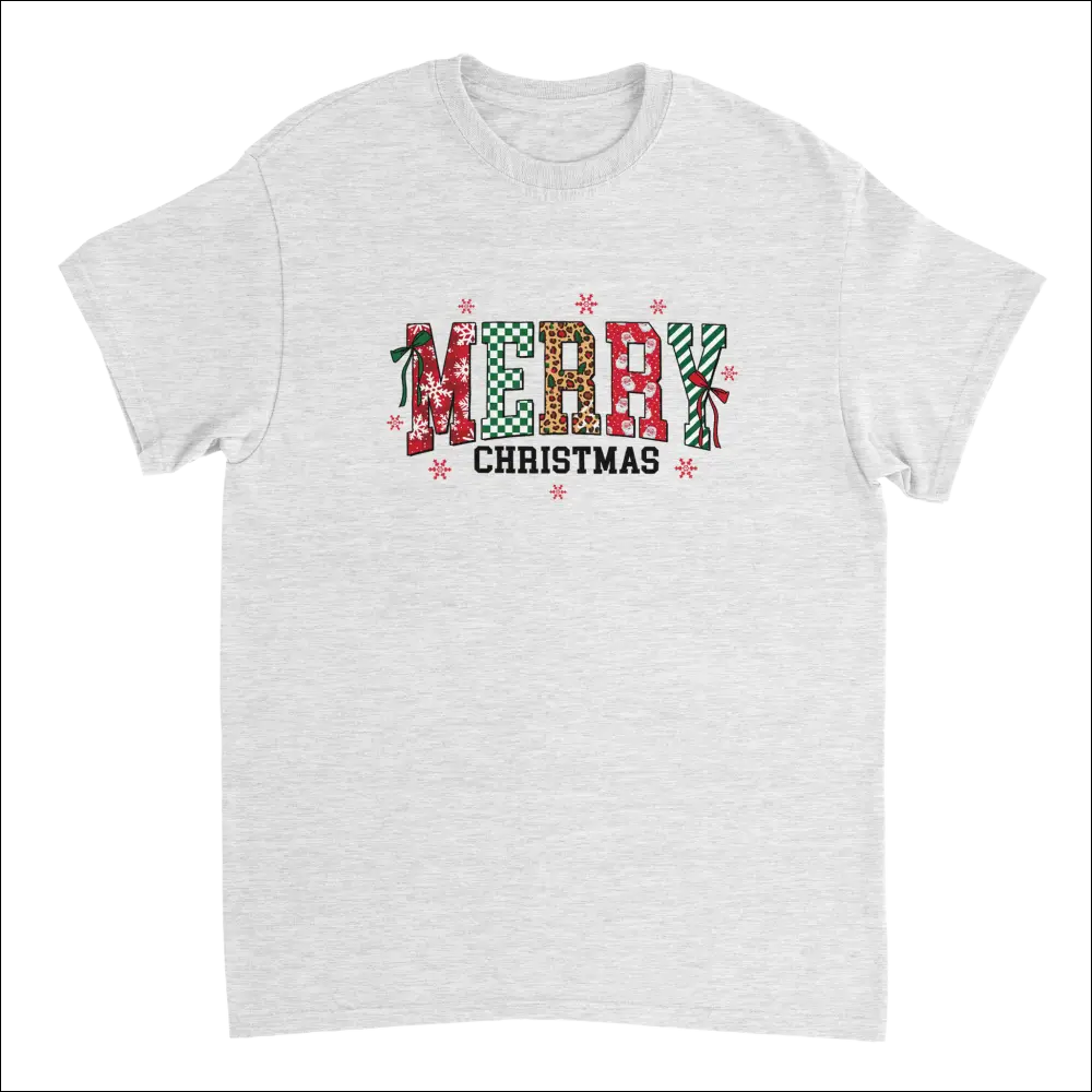 Heather gray Merry Christmas t-shirt with festive patterned letters
