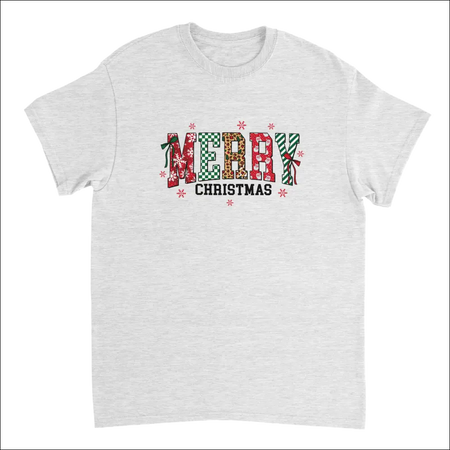 Heather gray Merry Christmas t-shirt with festive patterned letters