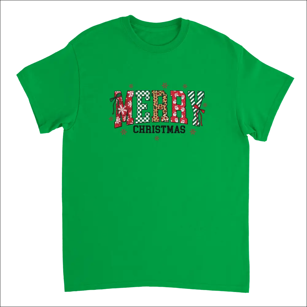 Vibrant green Merry Christmas heavyweight cotton t-shirt with festive patterned letters