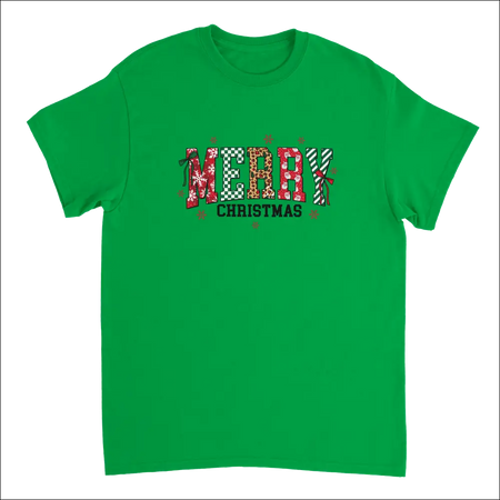 Vibrant green Merry Christmas heavyweight cotton t-shirt with festive patterned letters