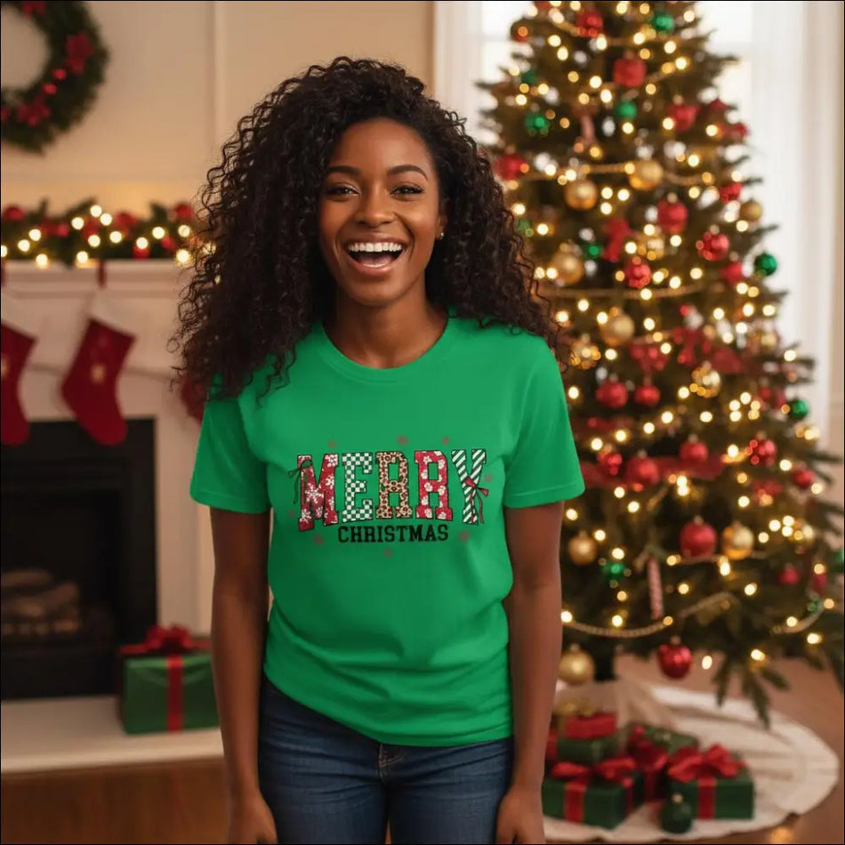 Green short-sleeved Merry Christmas heavyweight cotton t-shirt