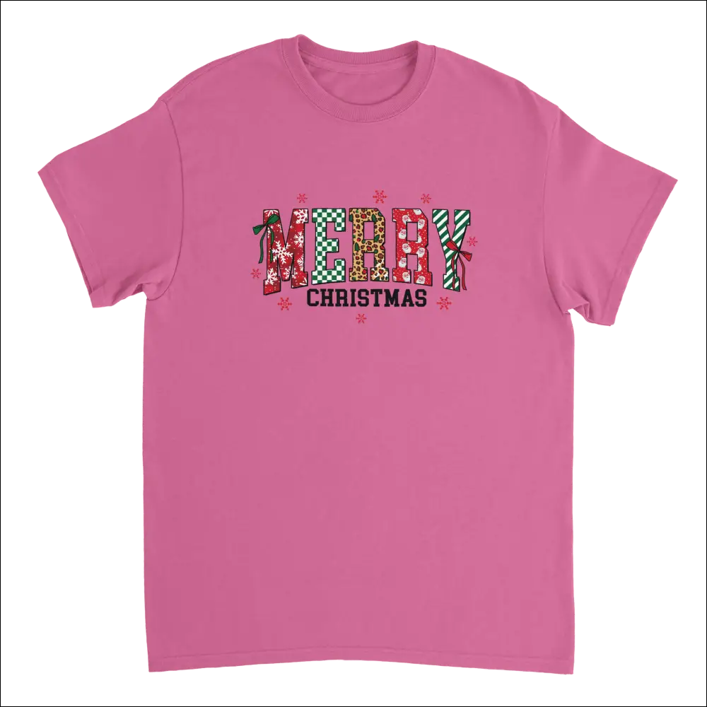 Pink short-sleeved Merry Christmas heavyweight cotton t-shirt with festive patterned letters