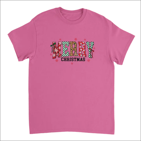 Pink short-sleeved Merry Christmas heavyweight cotton t-shirt with festive patterned letters