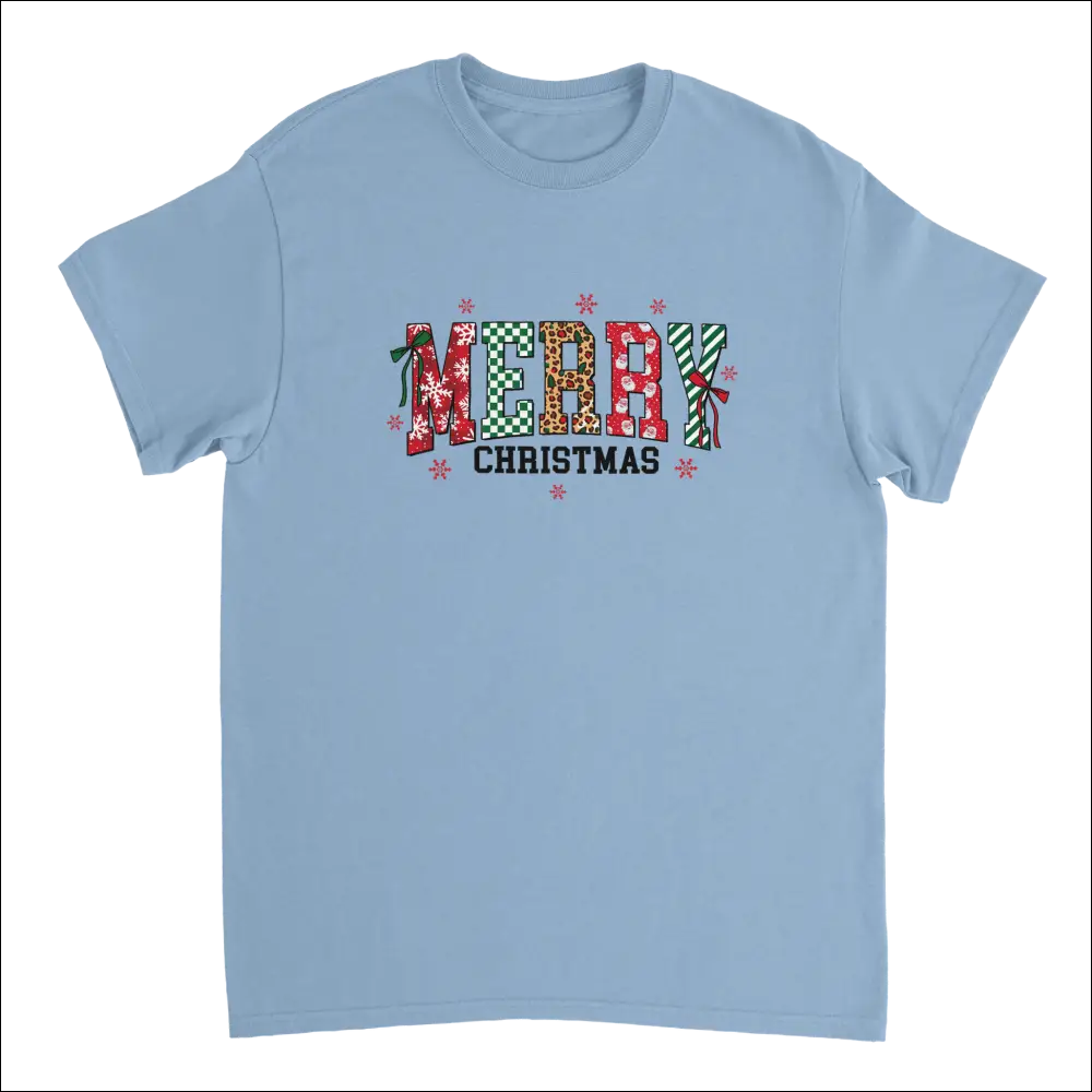 Light blue Merry Christmas heavyweight cotton t-shirt with festive patterns