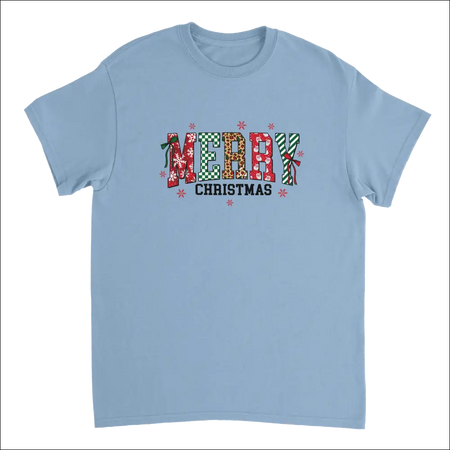 Light blue Merry Christmas heavyweight cotton t-shirt with festive patterns