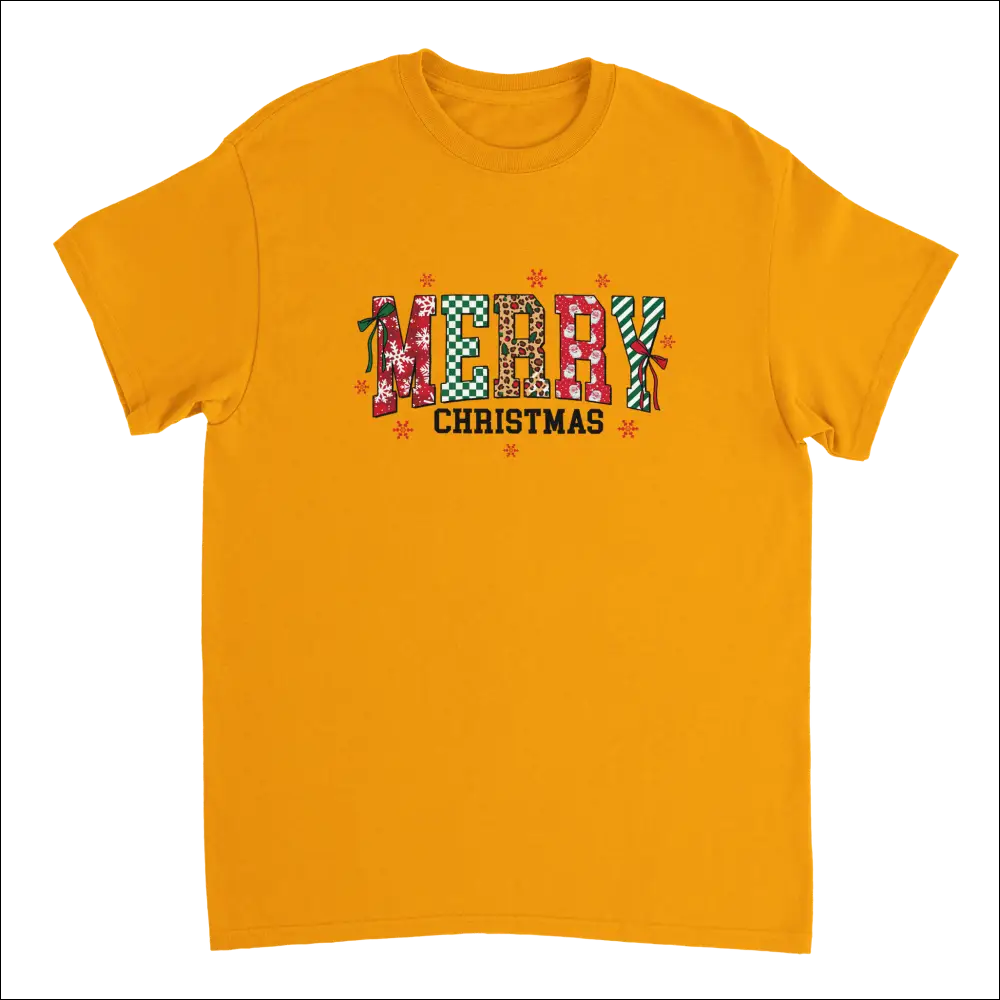 Vibrant gold Merry Christmas heavyweight cotton t-shirt with colorful patterned letters