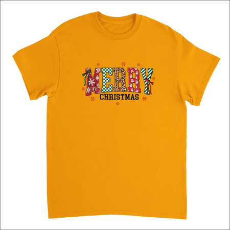 Vibrant gold Merry Christmas heavyweight cotton t-shirt with colorful patterned letters