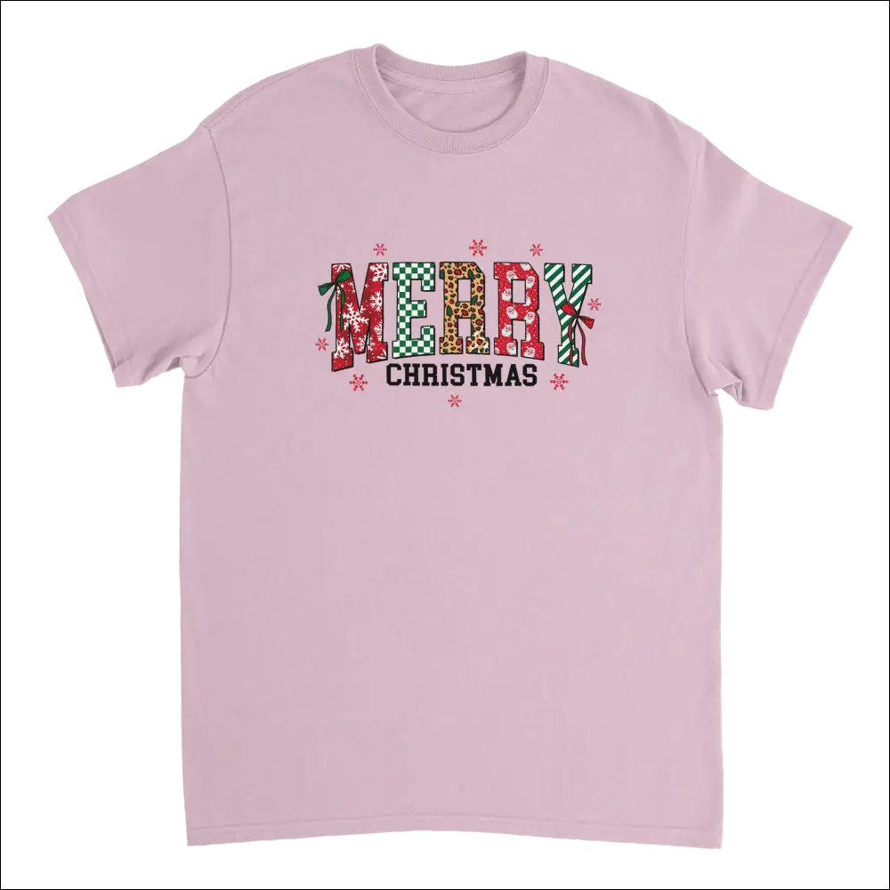 Soft pink Merry Christmas heavyweight cotton t-shirt with festive patterned letters