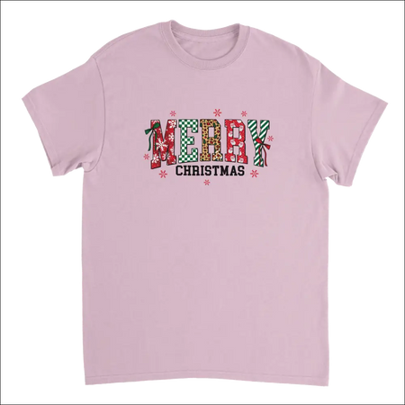 Soft pink Merry Christmas heavyweight cotton t-shirt with festive patterned letters