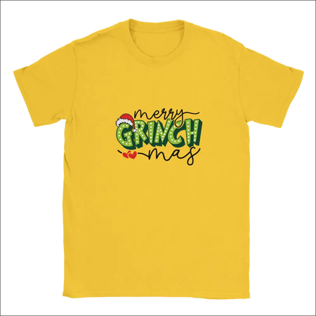 Yellow Merry Grinchmas unisex crewneck t-shirt with Grinch graphic