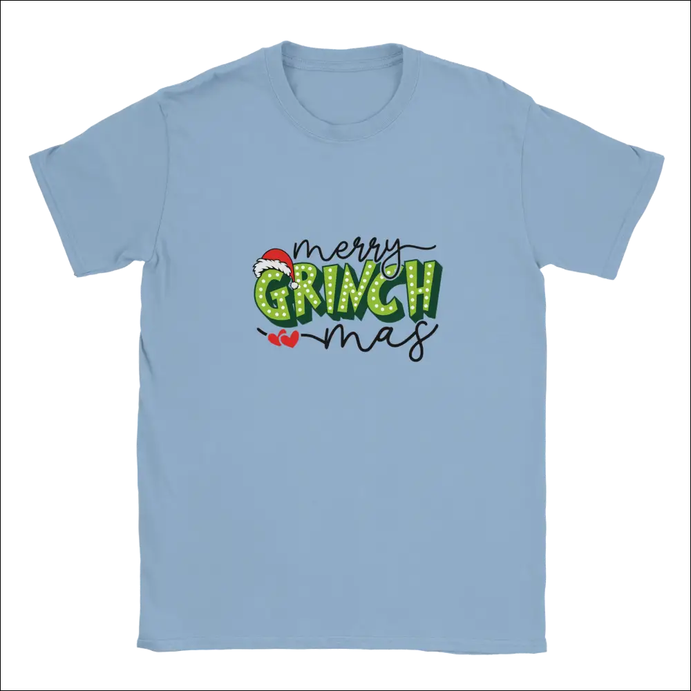 Merry Grinchmas unisex crewneck t-shirt with light blue fabric and festive Grinch graphic