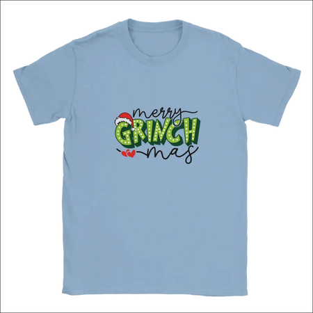 Merry Grinchmas unisex crewneck t-shirt with light blue fabric and festive Grinch graphic