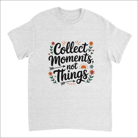 Heather gray Moments Over Things T-shirt with colorful collect moments not things graphic and floral arrows
