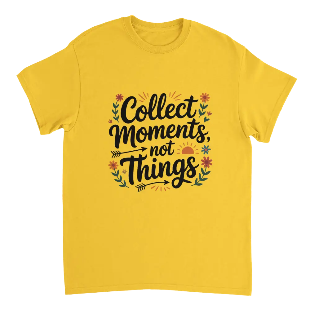 Vibrant yellow Moments Over Things t-shirt with cursive quote and floral arrows