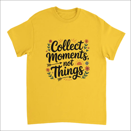Vibrant yellow Moments Over Things t-shirt with cursive quote and floral arrows