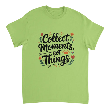 Lime green Moments Over Things t-shirt with cursive quote and floral arrows