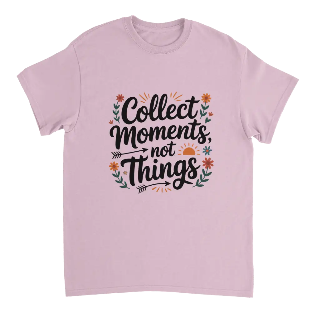Soft pink Moments Over Things T-shirt with floral script quote
