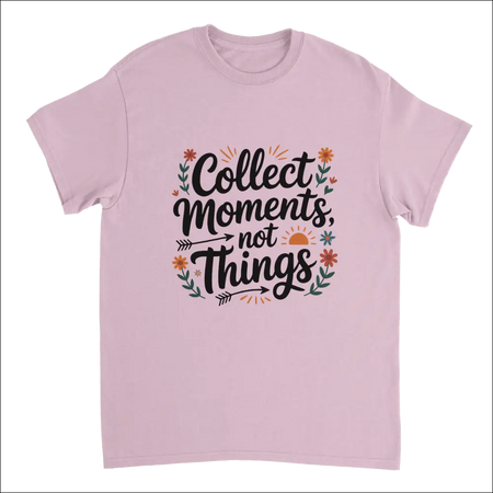 Soft pink Moments Over Things T-shirt with floral script quote
