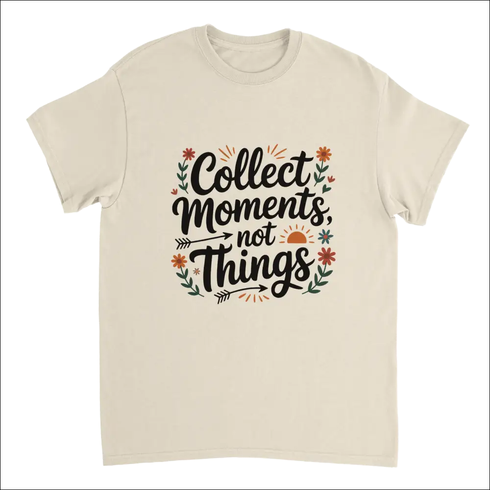 Cream-colored Moments Over Things t-shirt with floral graphic and quote