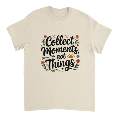 Cream-colored Moments Over Things t-shirt with floral graphic and quote