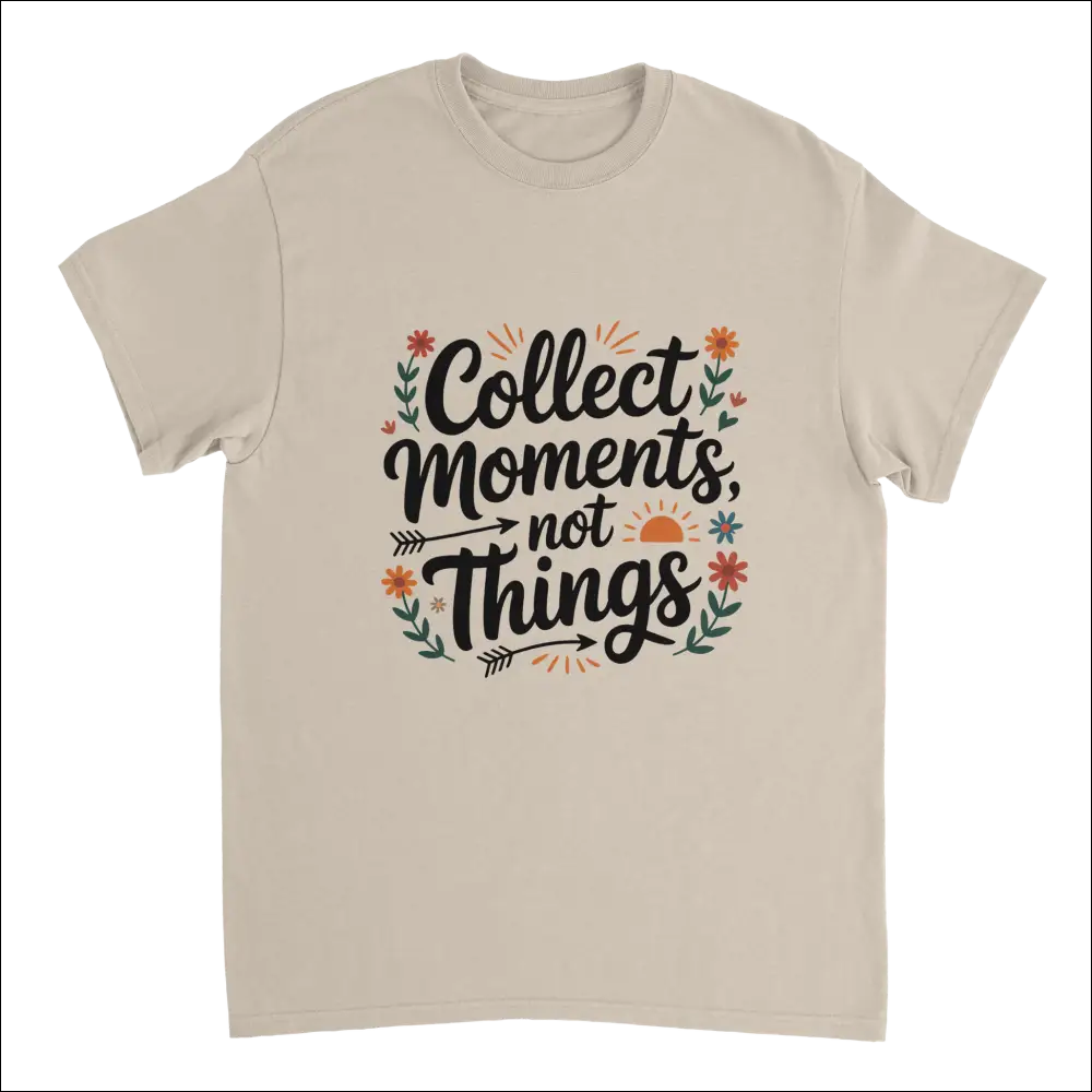 Beige short-sleeved Moments Over Things T-shirt with floral phrase