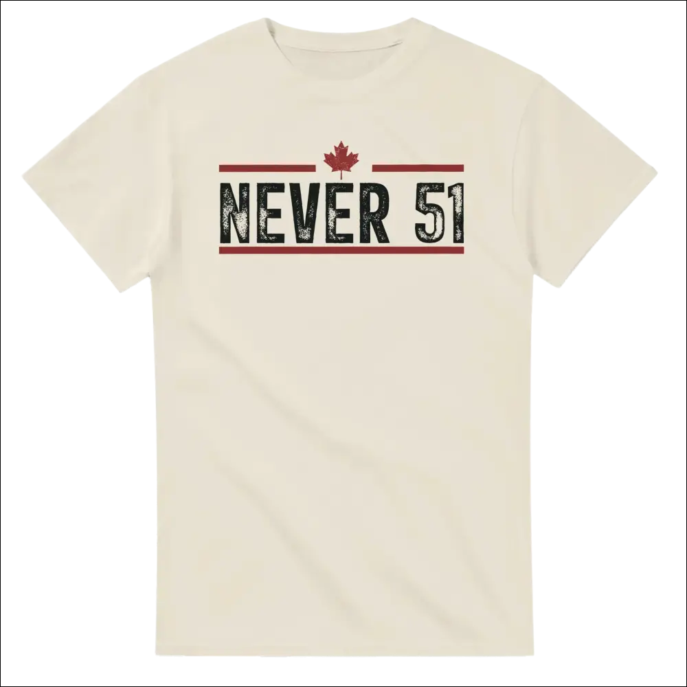 Cream-colored cotton Never 51st t-shirt with bold black red maple leaf graphic