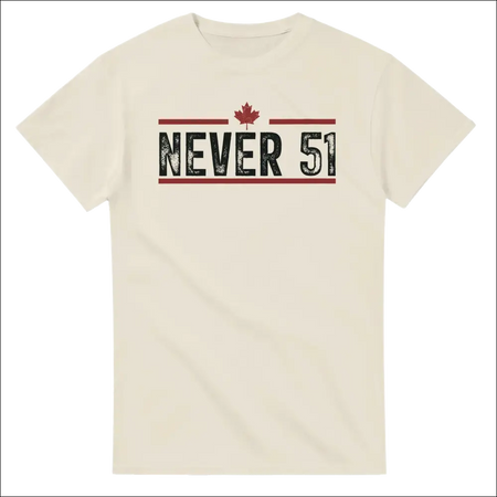 Cream-colored cotton Never 51st t-shirt with bold black red maple leaf graphic