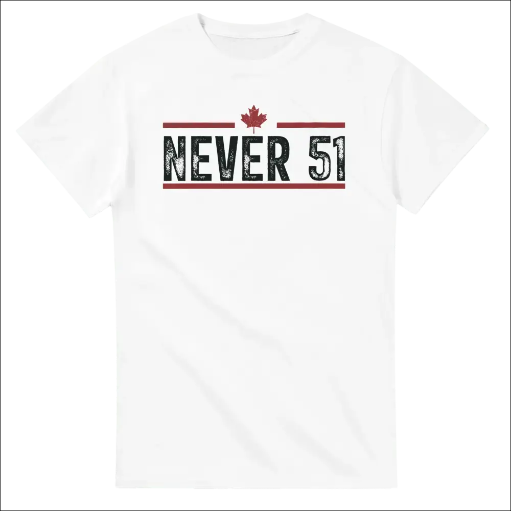 White Never 51st T-shirt with bold black red maple leaf graphic on cotton