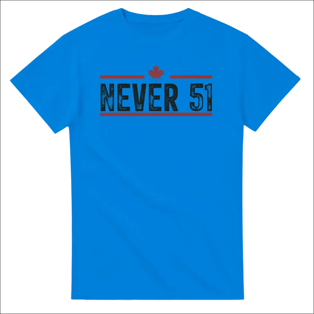Bright blue Never 51st t-shirt with distressed black and red graphic and maple leaf