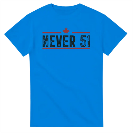 Bright blue Never 51st t-shirt with distressed black and red graphic and maple leaf