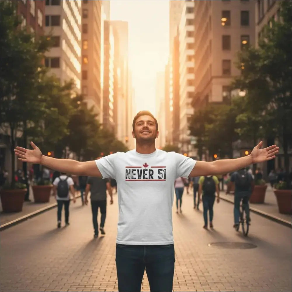 White Never 51st t-shirt with red black text and Canadian maple leaf on cotton