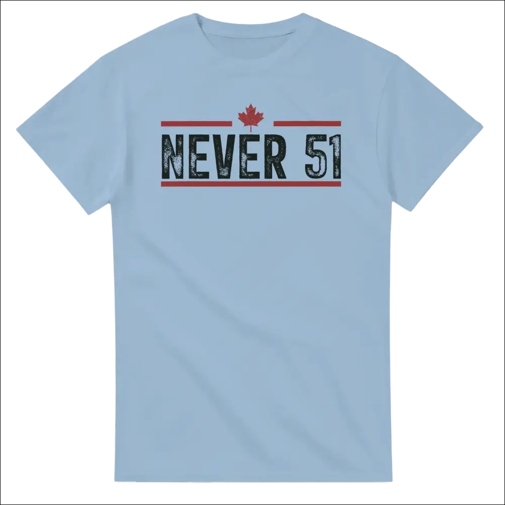 Light blue Never 51st T-shirt with distressed black red graphic and maple leaf