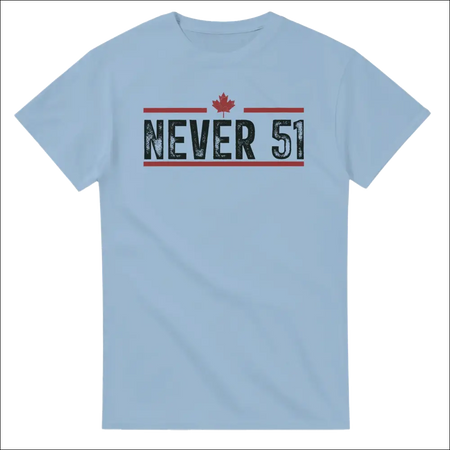 Light blue Never 51st T-shirt with distressed black red graphic and maple leaf