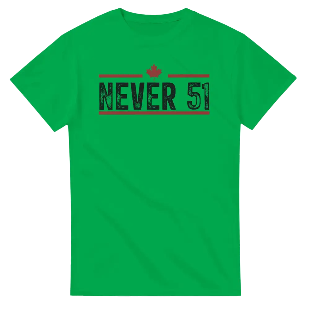 Vibrant green Never 51st T-shirt with distressed black red graphic and maple leaf