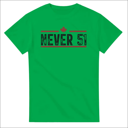 Vibrant green Never 51st T-shirt with distressed black red graphic and maple leaf