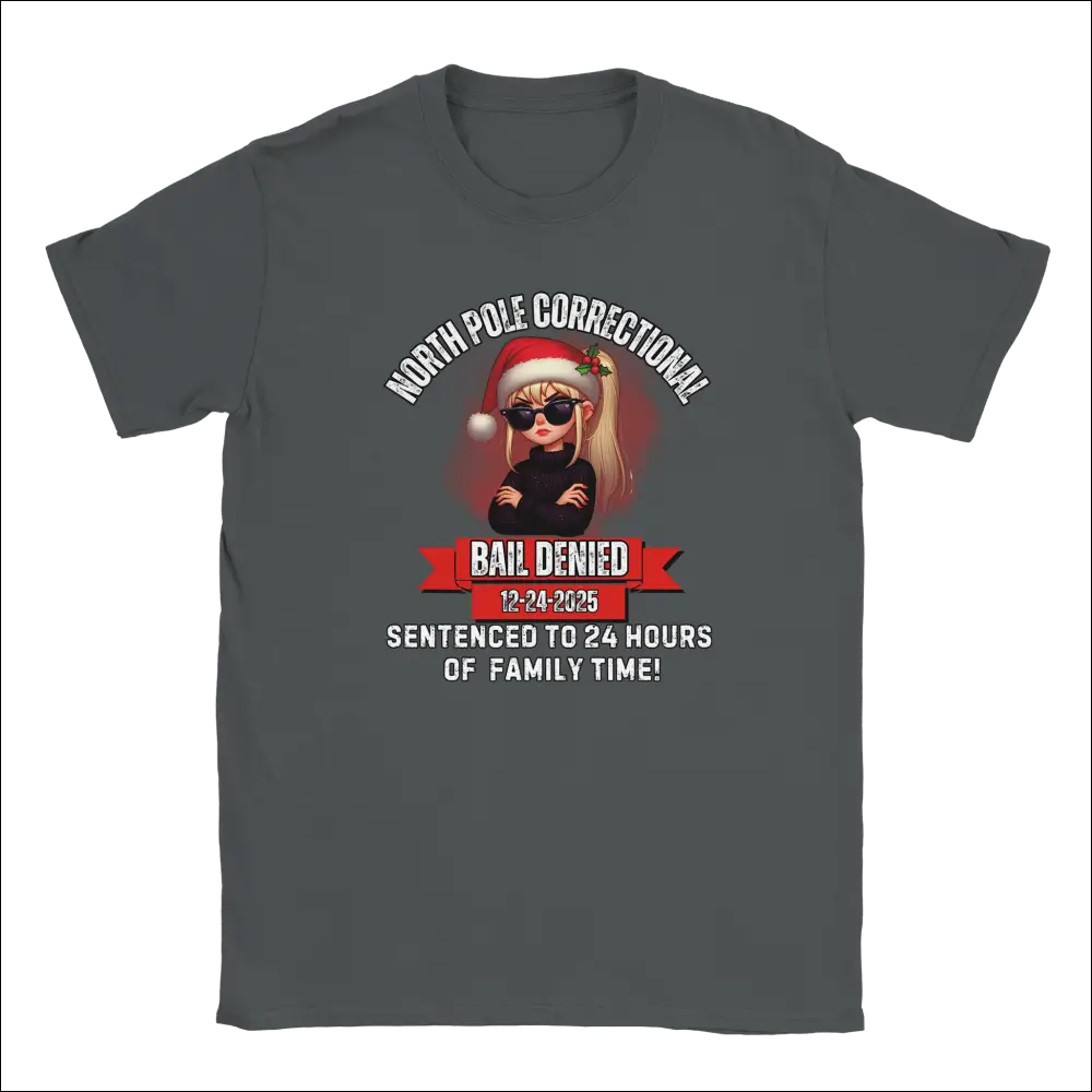 Dark gray unisex crewneck t-shirt with North Pole Correctional Bail Denied anime girl graphic