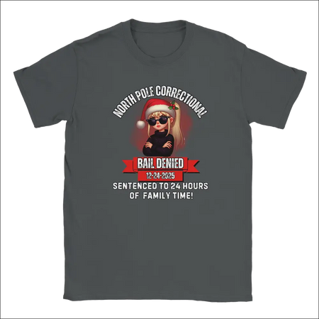 Dark gray unisex crewneck t-shirt with North Pole Correctional Bail Denied anime girl graphic
