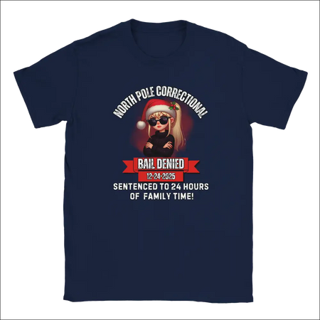 Navy blue short-sleeve t-shirt with anime santa girl, North Pole Correctional Bail Denied 12-24-2025 design