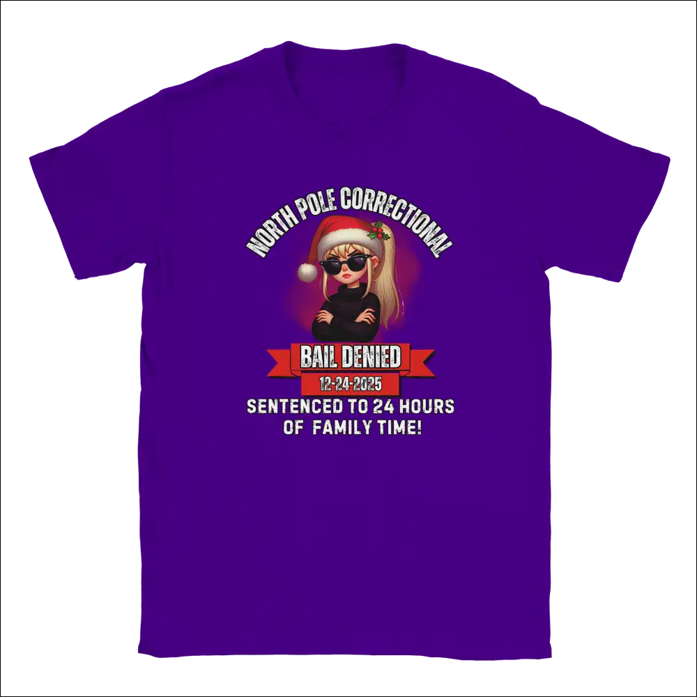 Purple North Pole Correctional Bail Denied holiday t-shirt with cartoon blonde Santa woman