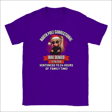 Purple North Pole Correctional Bail Denied holiday t-shirt with cartoon blonde Santa woman