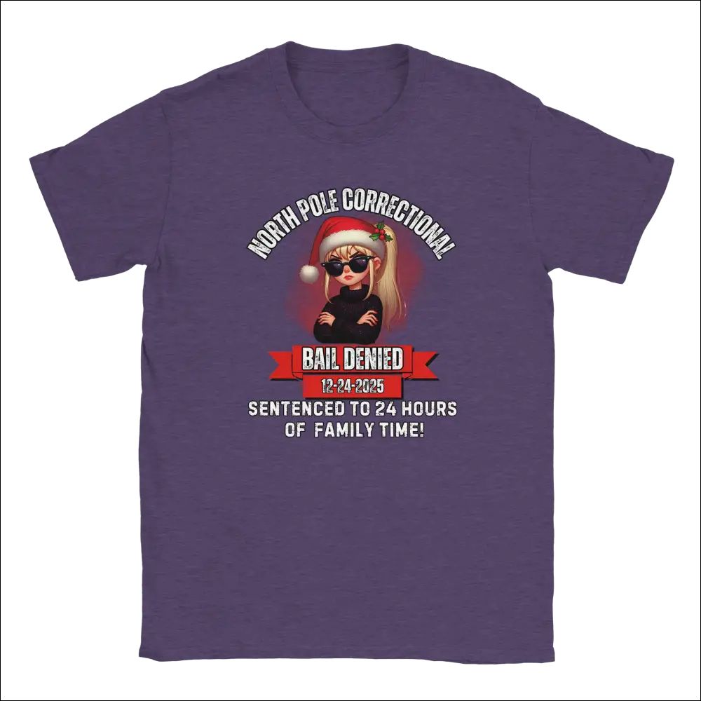 Purple North Pole Correctional Bail Denied holiday unisex t-shirt with blonde Santa cartoon