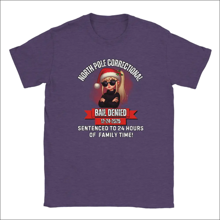 Purple North Pole Correctional Bail Denied holiday unisex t-shirt with blonde Santa cartoon