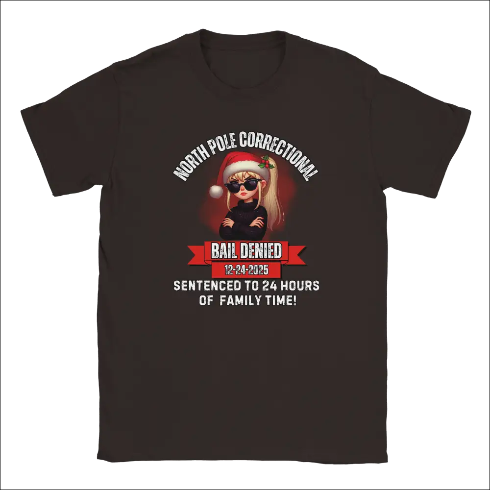 Dark gray unisex North Pole Correctional Bail Denied holiday t-shirt with blonde Santa cartoon