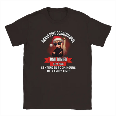 Dark gray unisex North Pole Correctional Bail Denied holiday t-shirt with blonde Santa cartoon
