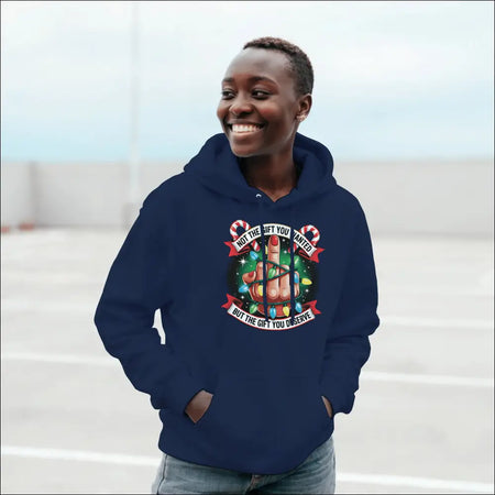 Navy blue Christmas hoodie with peace sign graphic and funny text