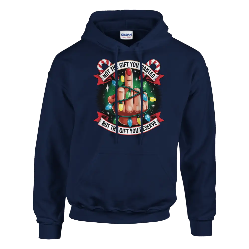 Navy blue Gildan Not The Gift You Wanted Christmas hoodie with festive hand, lights, and candy canes