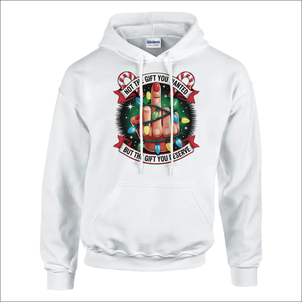 White Gildan hoodie with hand wrapped in Christmas lights and deserving gift text