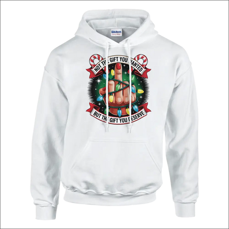 White Gildan hoodie with hand wrapped in Christmas lights and deserving gift text