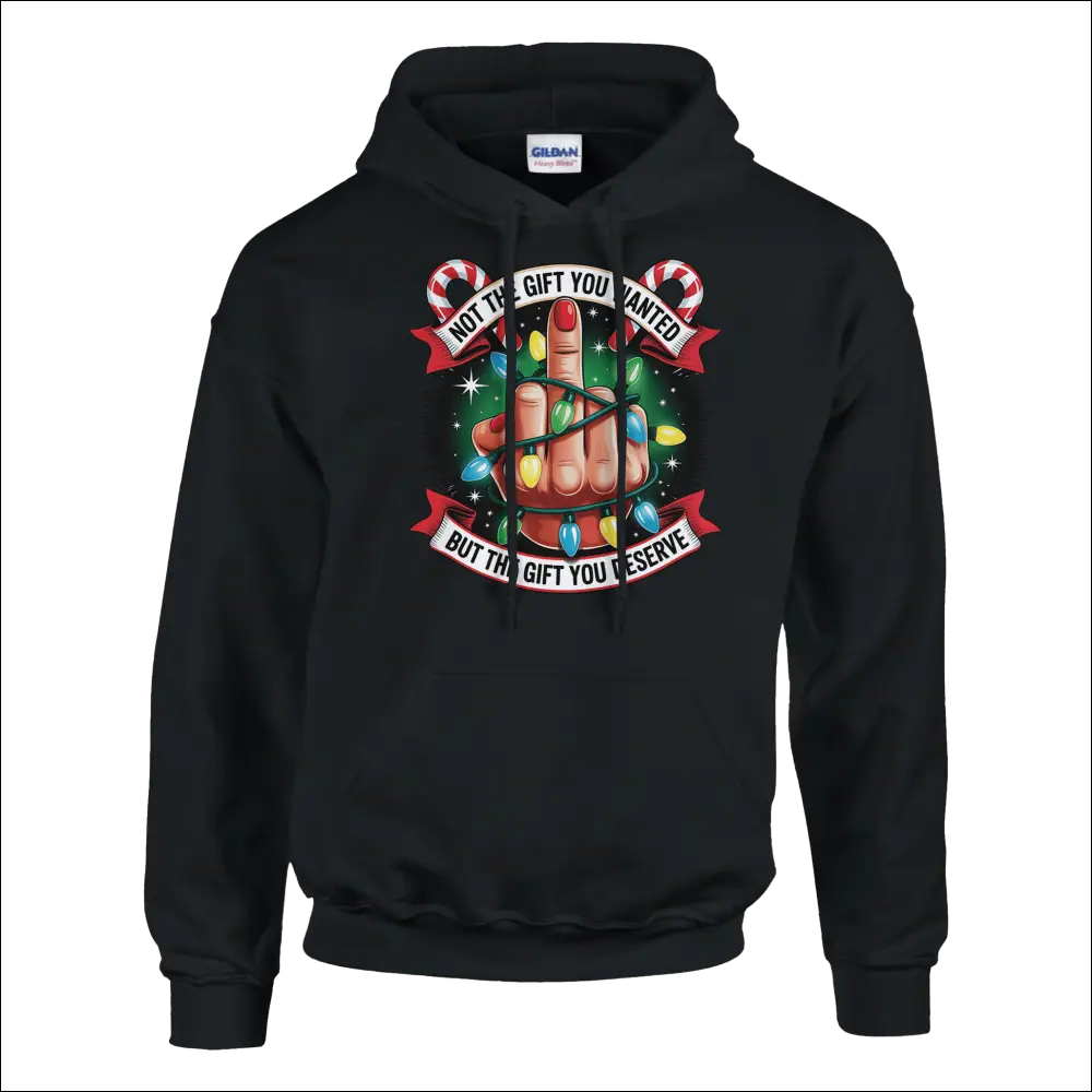 Black Gildan hoodie with festive hand, lights, candy canes, and deserving gift text