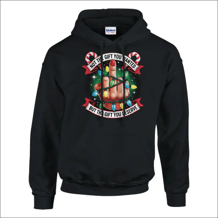 Black Gildan hoodie with festive hand, lights, candy canes, and deserving gift text